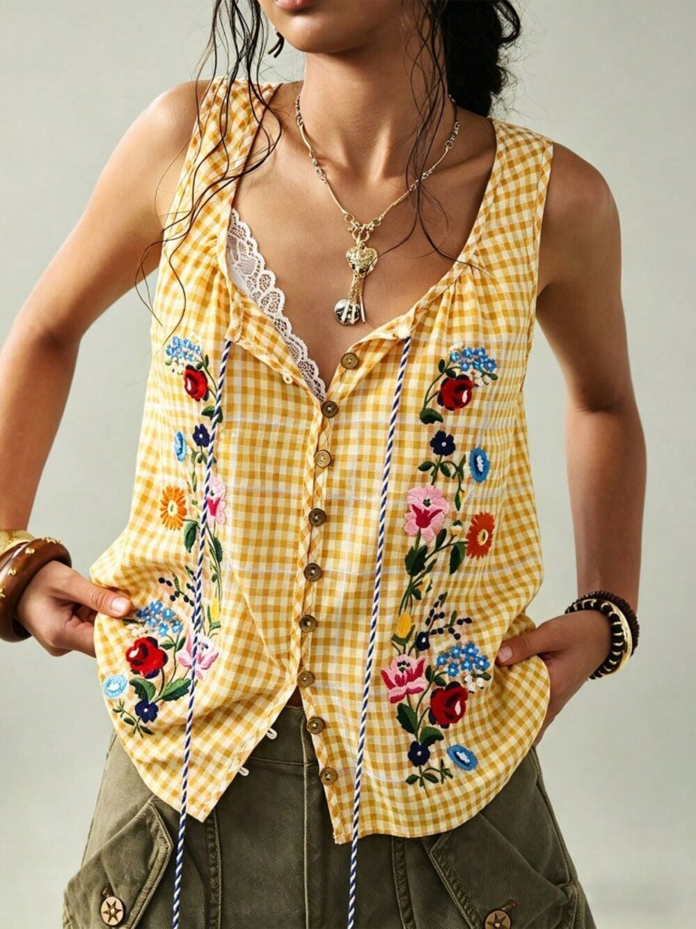 yellow Boho Women Gingham Embroidered Sleeveless Square Neck Tassel Front Blouse